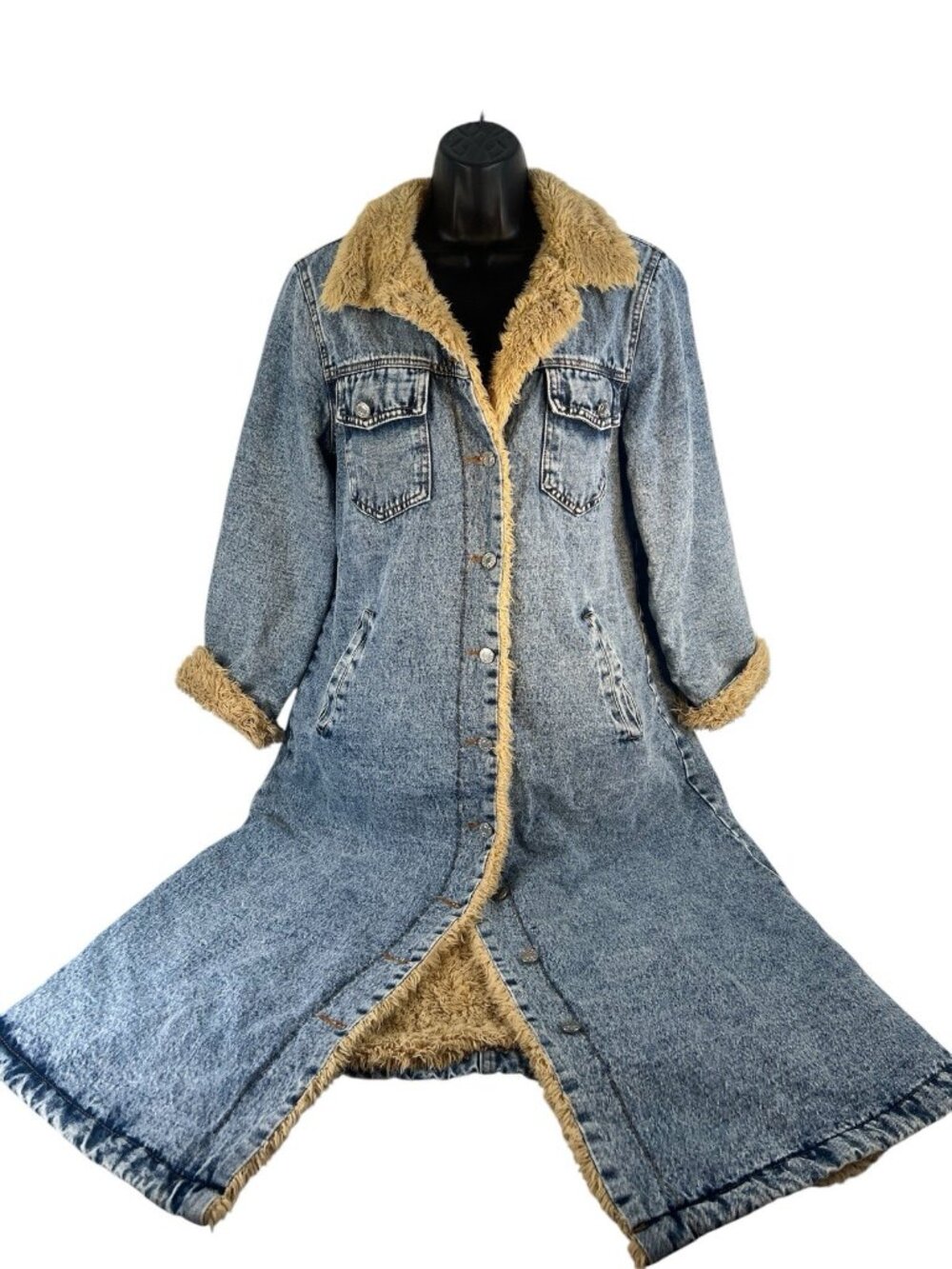 vtg sherpa lined light wash long denim coat jean jacket duster sz S - Picture 13 of 13